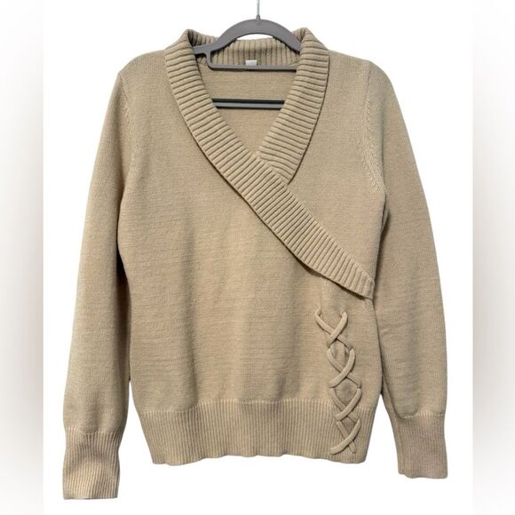 Shawl Collar Faux Wrap Lace Up Long Sleeve Sweater Tan Women’s Small - Picture 1 of 7